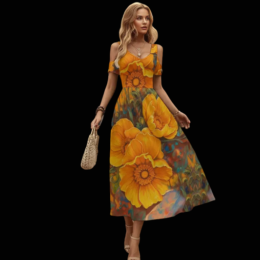 “Golden Cascade” Women's V-neck Off-shoulder Dress