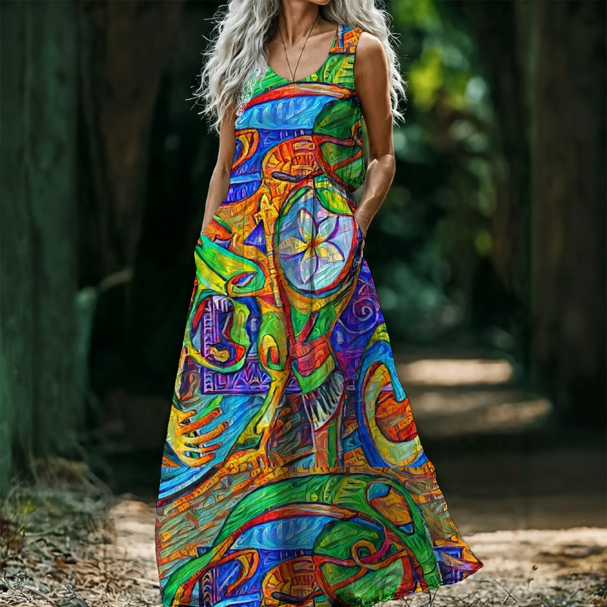 “Tropical Kaleidoscope” Women’s Sleeveless Maxi Dress