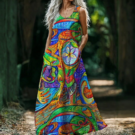 “Tropical Kaleidoscope” Women’s Sleeveless Maxi Dress