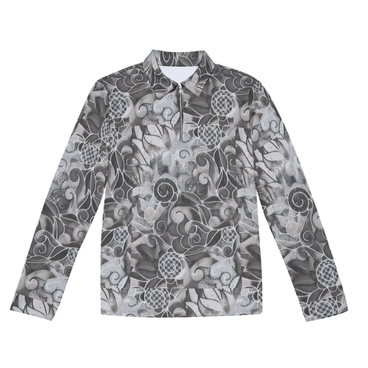 “Verdant Tapestry- Grey” Men's Lapel T-shirt With Neckline Zipper Closure