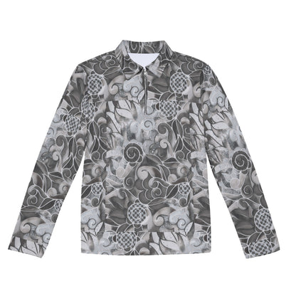 “Verdant Tapestry- Grey” Men's Lapel T-shirt With Neckline Zipper Closure