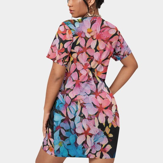 “Pink India Hawthorn” Women’s Stacked Hem Dress With Short Sleeve（Plus Size）