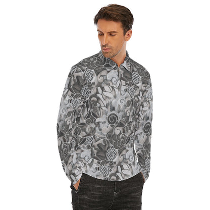 “Verdant Tapestry- Grey” Men's Lapel T-shirt With Neckline Zipper Closure