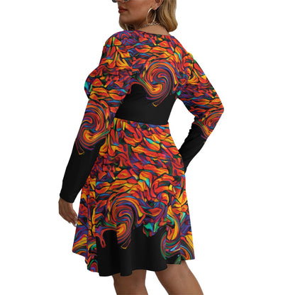 “Inferno” Women's V-neck Long Sleeve Dress(Plus Size)