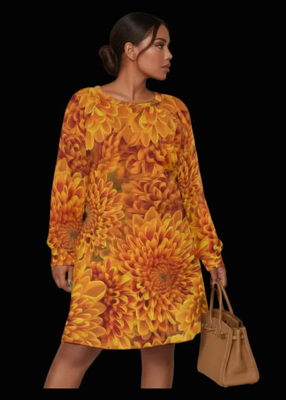 “Orange Chrysanthemum” Women's Dress With Raglan Sleeve(Plus Size)