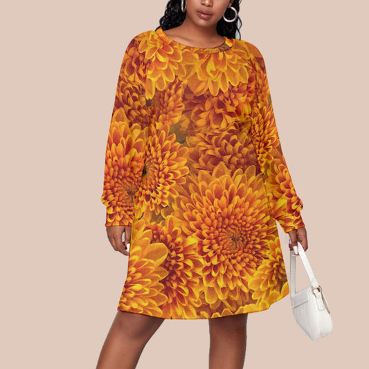 “Orange Chrysanthemum” Women's Dress With Raglan Sleeve(Plus Size)