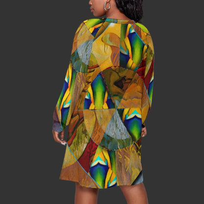 “Earthen Tessellation” Women's Dress With Raglan Sleeve(Plus Size)