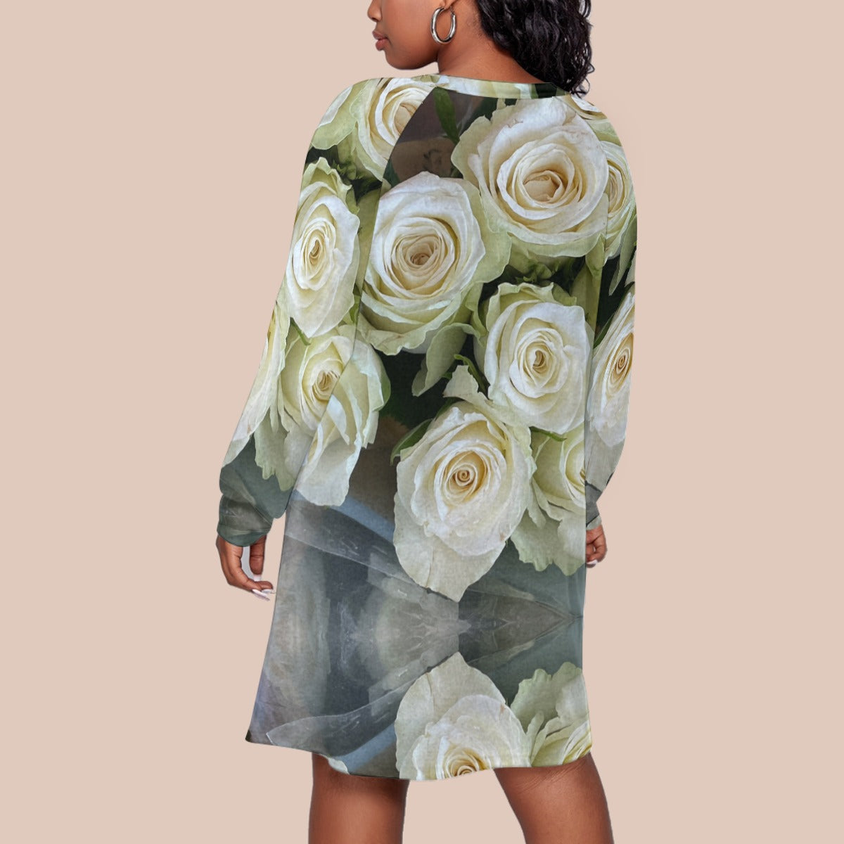 “White Roses” Women's Dress With Raglan Sleeve(Plus Size)