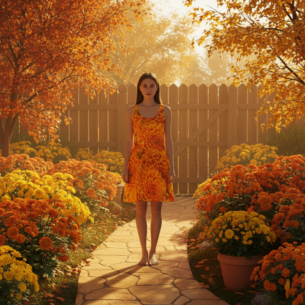 “Orange Chrysanthemum” Women's Sleeveless Dress