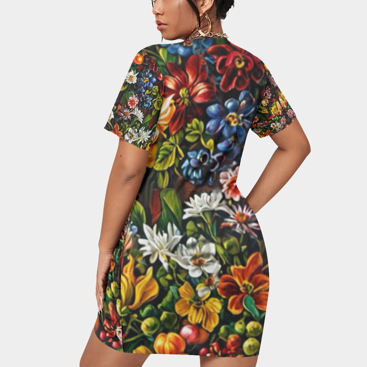 “Midnight Garden”  Women’s Stacked Hem Dress With Short Sleeve（Plus Size）