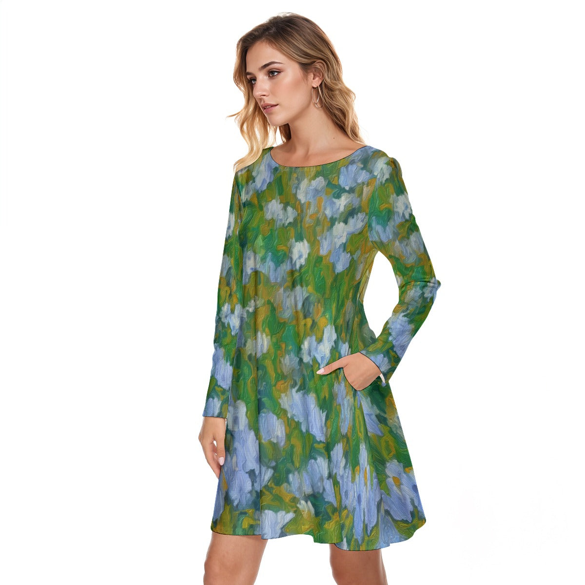 “Dreamscape Garden” Women's Round Neck Dress|190GSM Cottonams