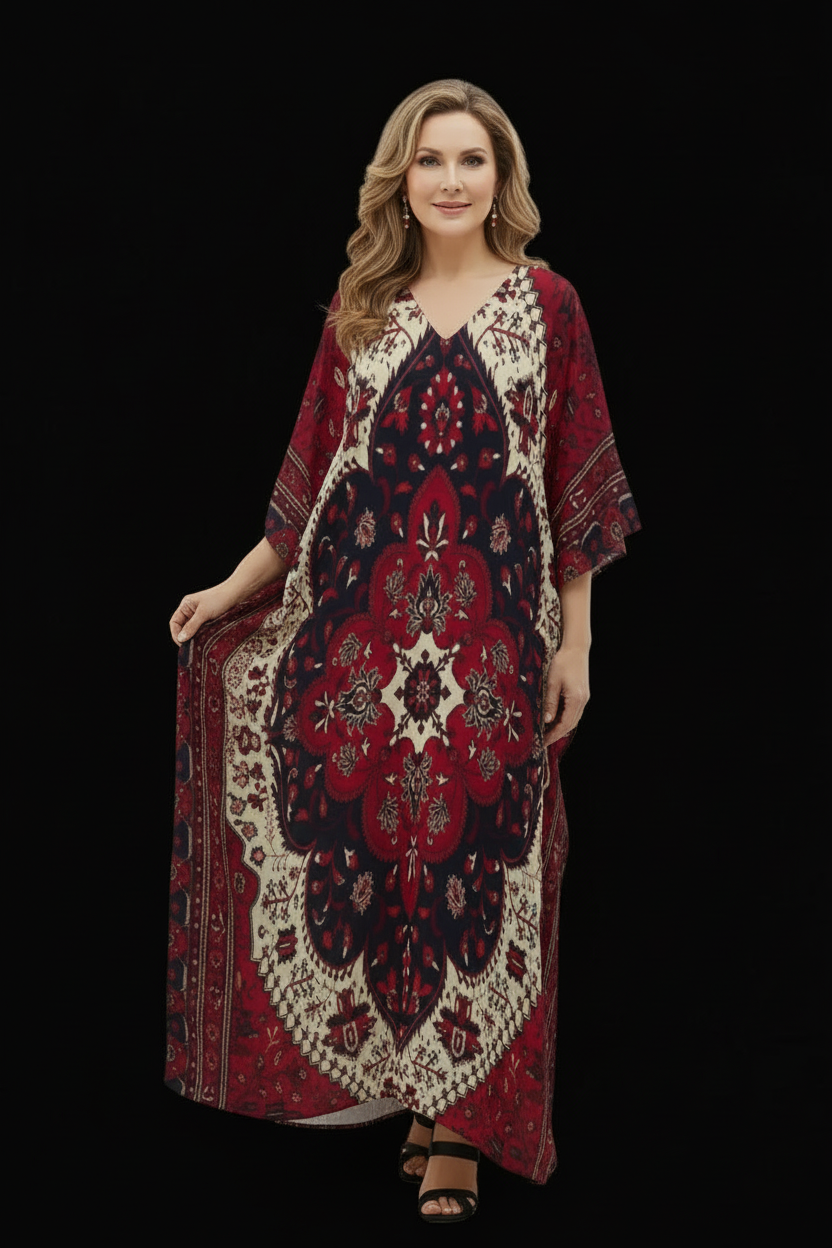 “Bohemian Bloom” Women's Imitation Silk V-neck Kaftan Robe