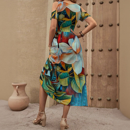 “Gardenia” Women's V-neck Off-shoulder Dress