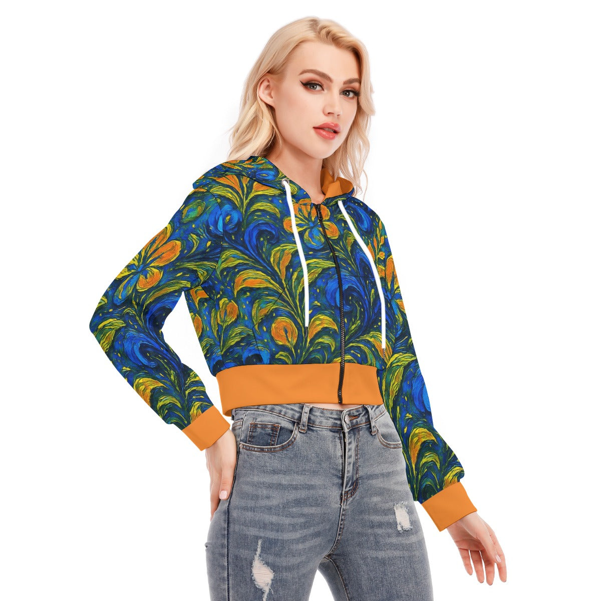 “Starry Night Blooms” Women's Crop Top Hoodie With Zipper Closure