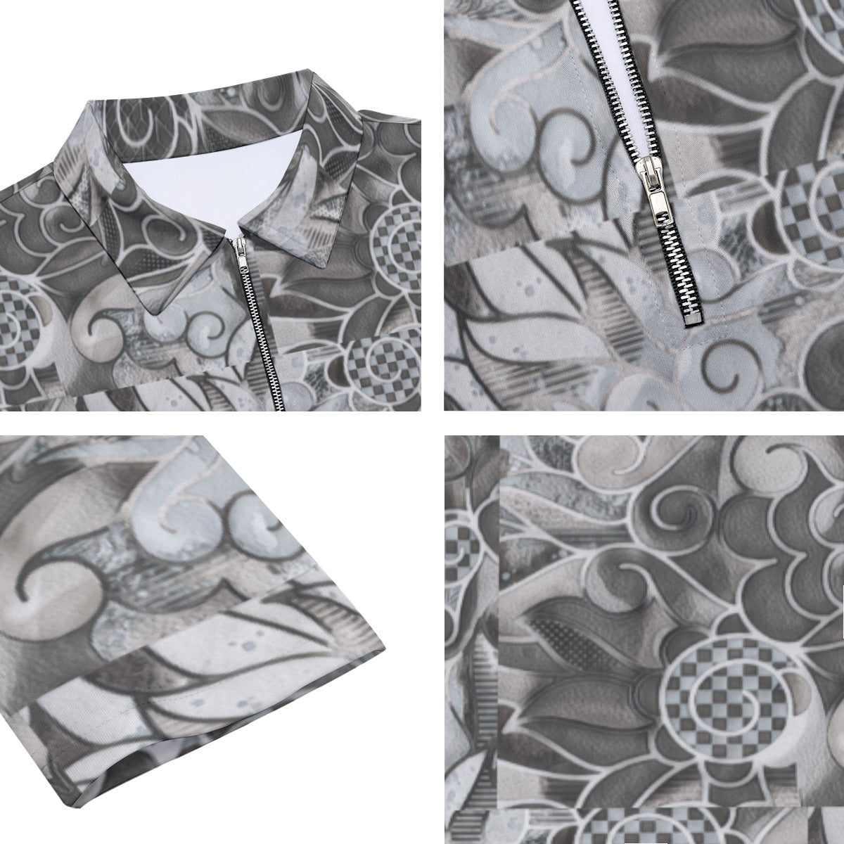 “Verdant Tapestry- Grey” Men's Lapel T-shirt With Neckline Zipper Closure