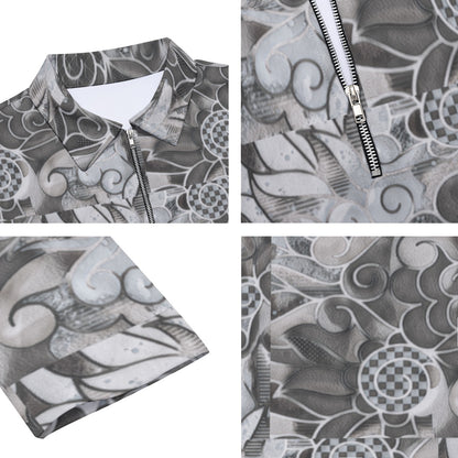 “Verdant Tapestry- Grey” Men's Lapel T-shirt With Neckline Zipper Closure