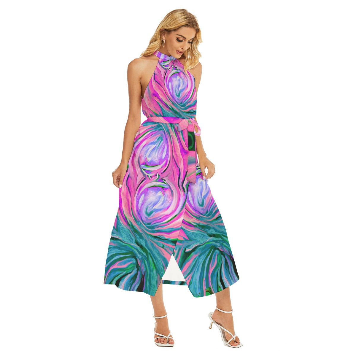 “Noosa” Women's Wrap Hem Belted Halter Dress