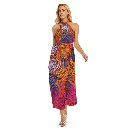 “Cyclonic” Women's Wrap Hem Belted Halter Dress