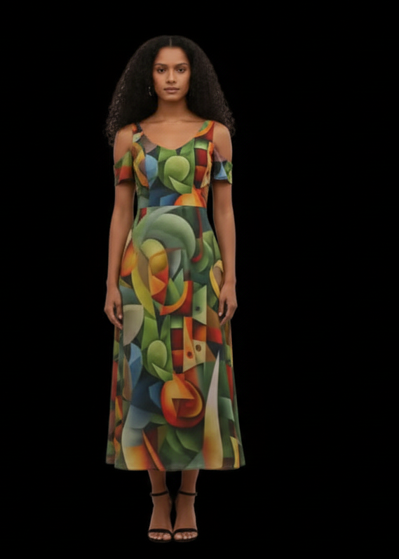 “Fruit Salad” Women's V-neck Off-shoulder Dress