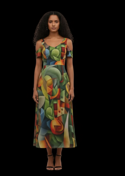 “Fruit Salad” Women's V-neck Off-shoulder Dress