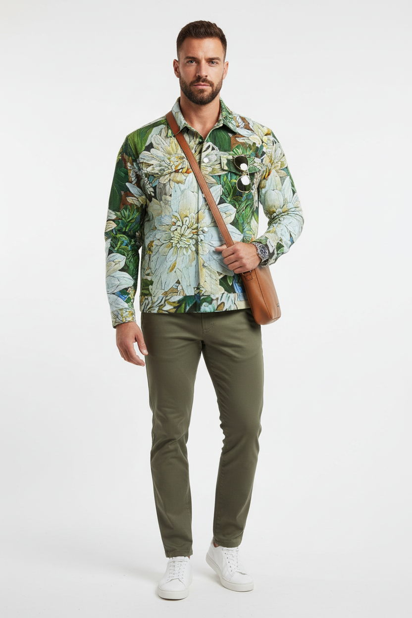 “White Floral Medley” Unisex Lapel Jacket | 245GSM Cotton