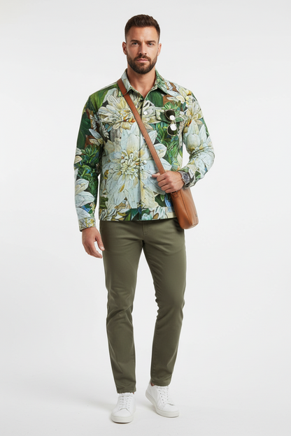 “White Floral Medley” Unisex Lapel Jacket | 245GSM Cotton