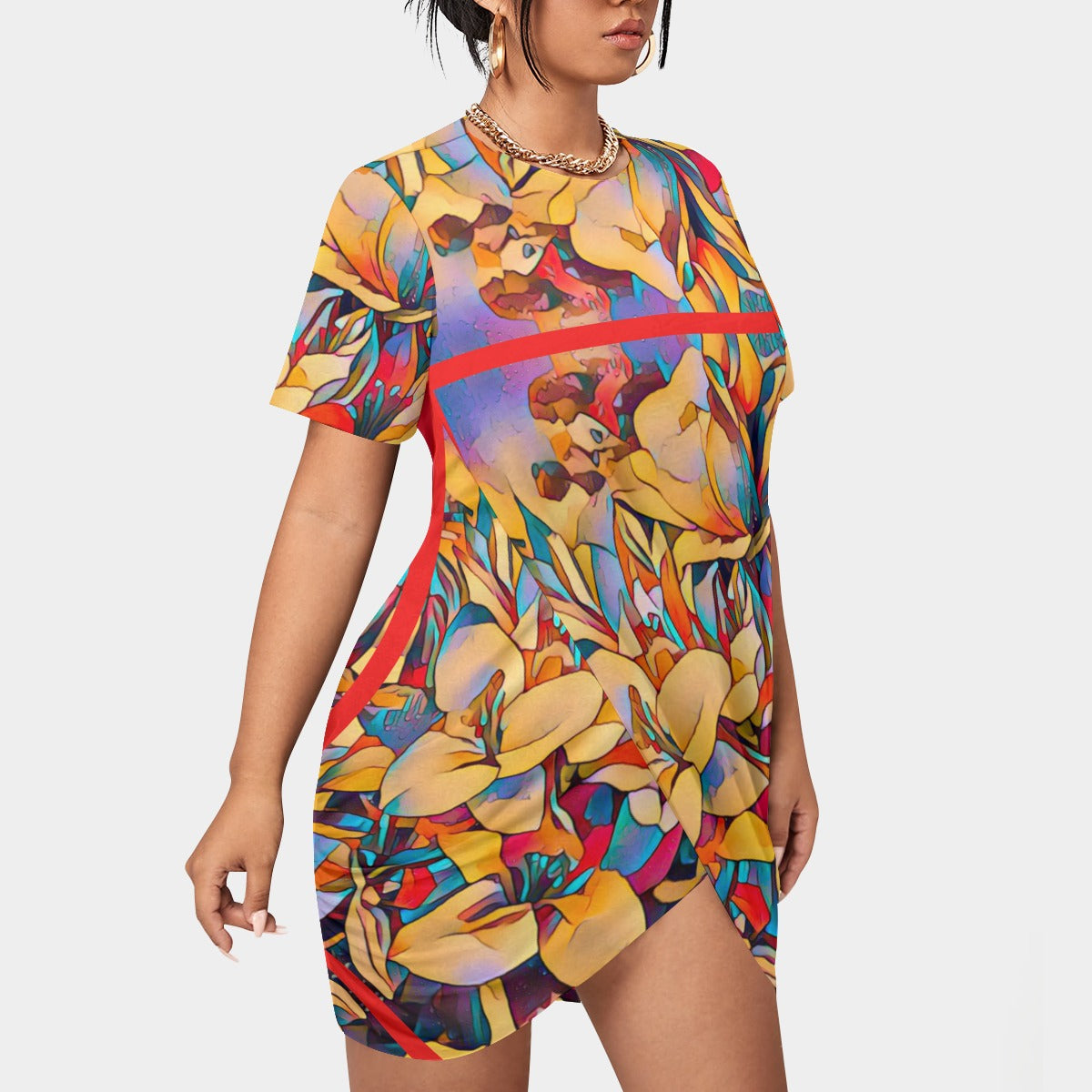 “Fragmented Bloom”  Women’s Stacked Hem Dress With Short Sleeve（Plus Size）