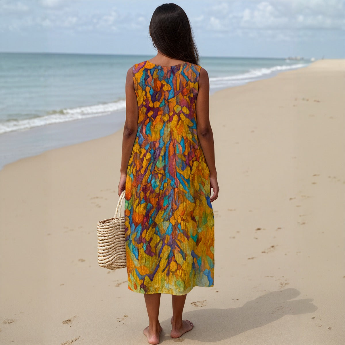 “Gilded Pathways” Women's Sleeveless Dress With Pocket|125GSM Slub Cotton