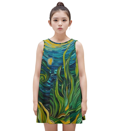 “Vincent Through the Seagrass” Kid's Sleeveless Dress | 180GSM Cotton