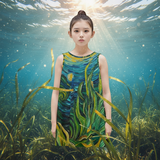 “Vincent Through the Seagrass” Kid's Sleeveless Dress | 180GSM Cotton