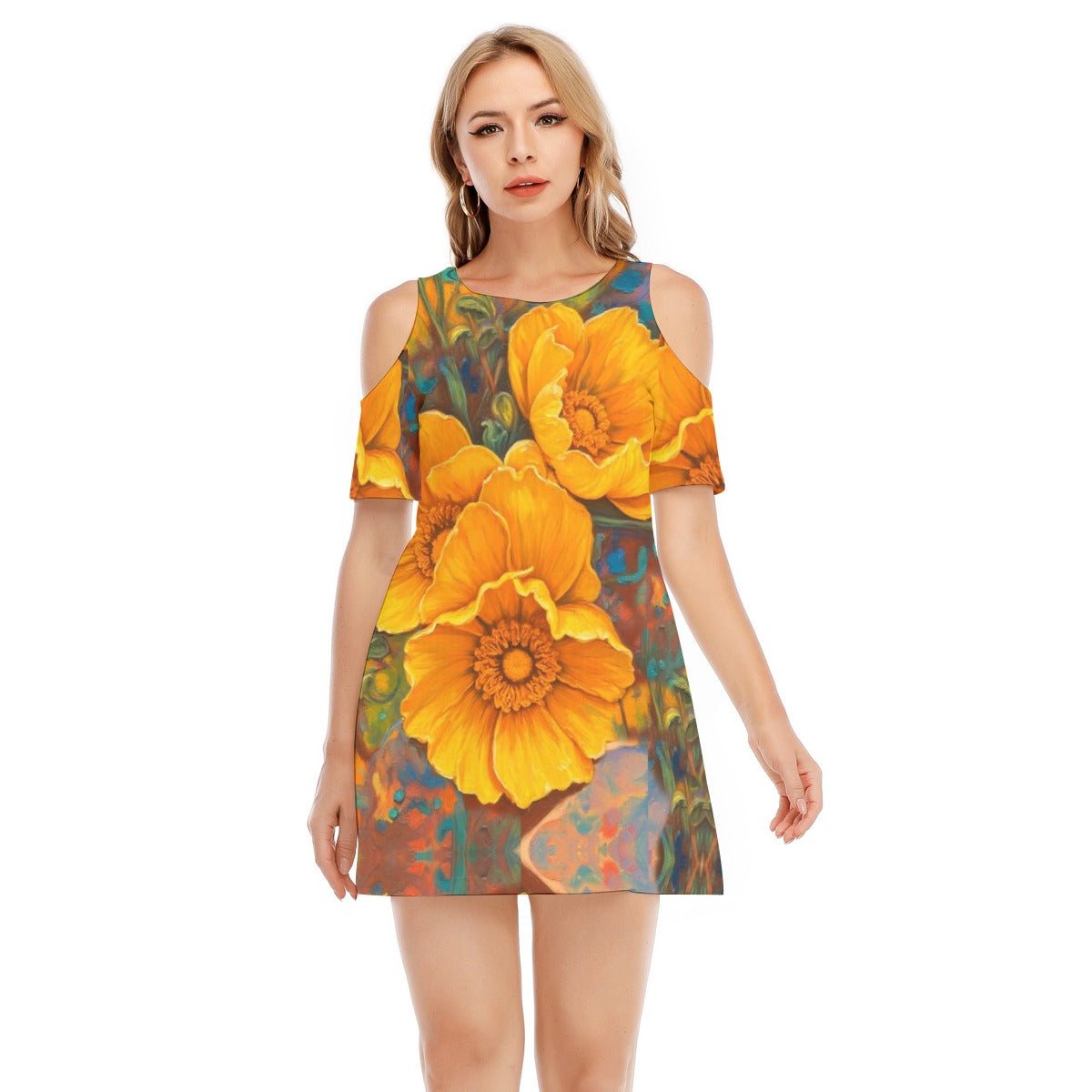 “Golden Cascade” Women's Cold Shoulder Dress | 190GSM Cotton