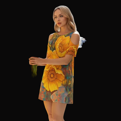 “Golden Cascade” Women's Cold Shoulder Dress | 190GSM Cotton