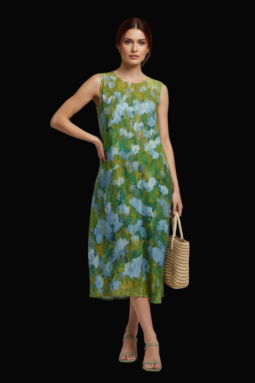 “Dreamscape Garden”  Women's Sleeveless Dress With Pocket|125GSM Slub Cotton