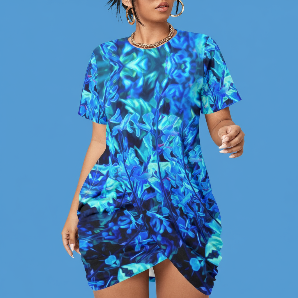 “Electric Blue” Women’s Stacked Hem Dress With Short Sleeve（Plus Size）
