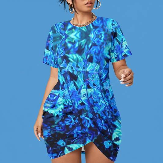 “Electric Blue” Women’s Stacked Hem Dress With Short Sleeve（Plus Size）