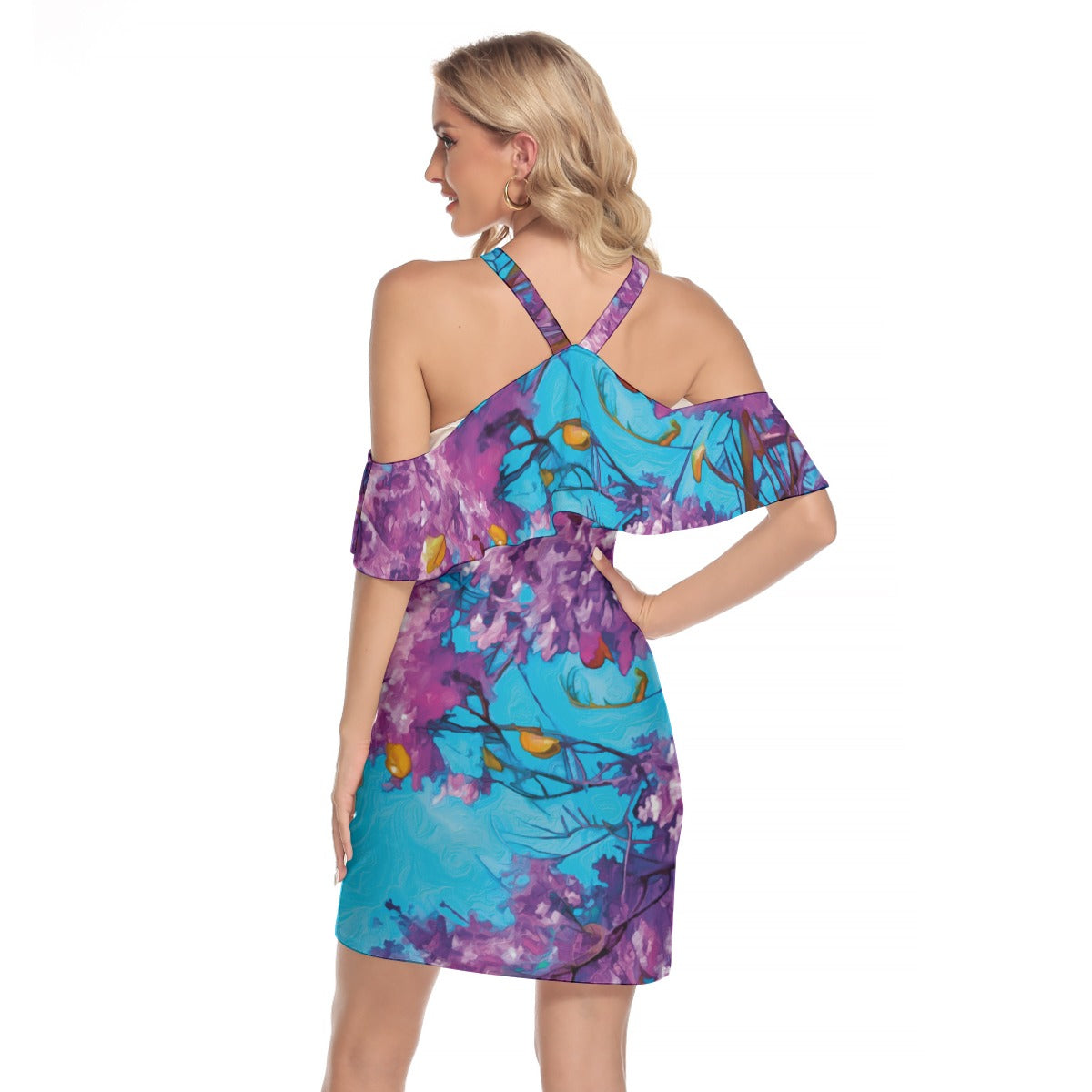 “Jacaranda Season” (Cobalt) Women's Cold Shoulder Cami Dress With Ruffle