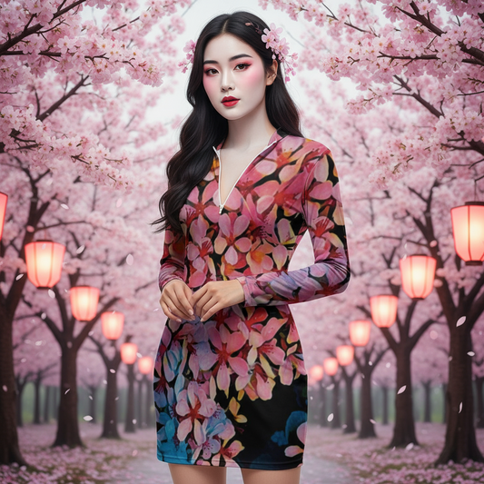 “Pink India Hawthorn” Women's Zip Front Tight Dress