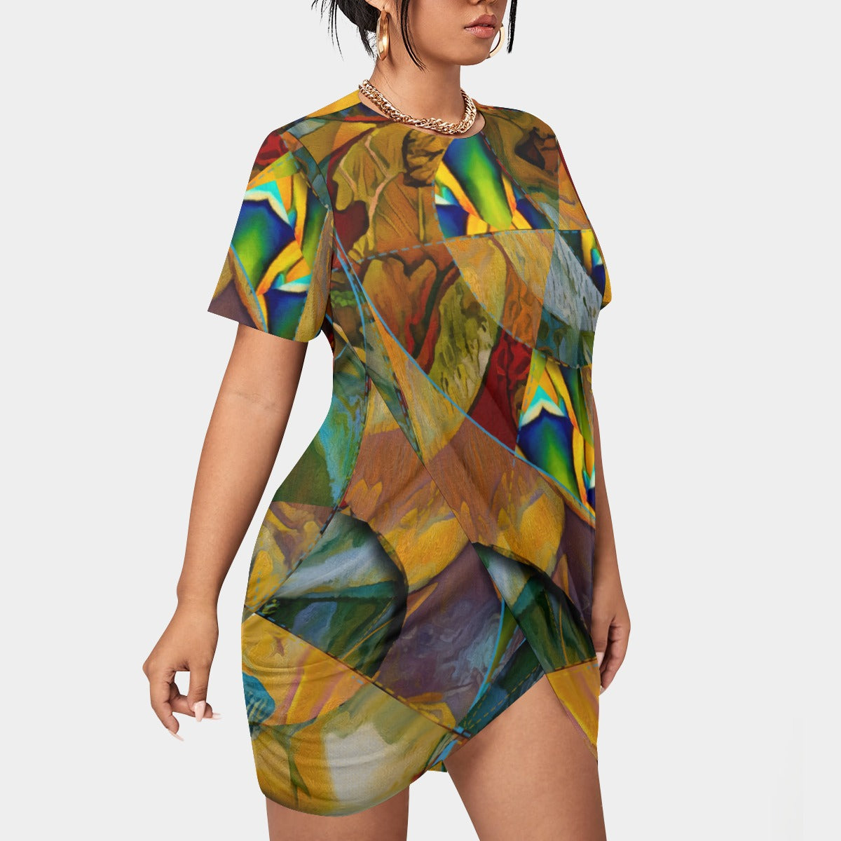 “Earthen Tessellation” Women’s Stacked Hem Dress With Short Sleeve（Plus Size）