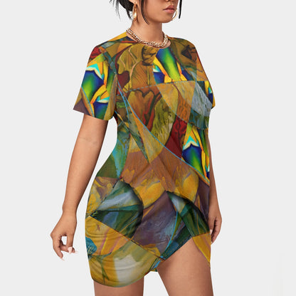 “Earthen Tessellation” Women’s Stacked Hem Dress With Short Sleeve（Plus Size）