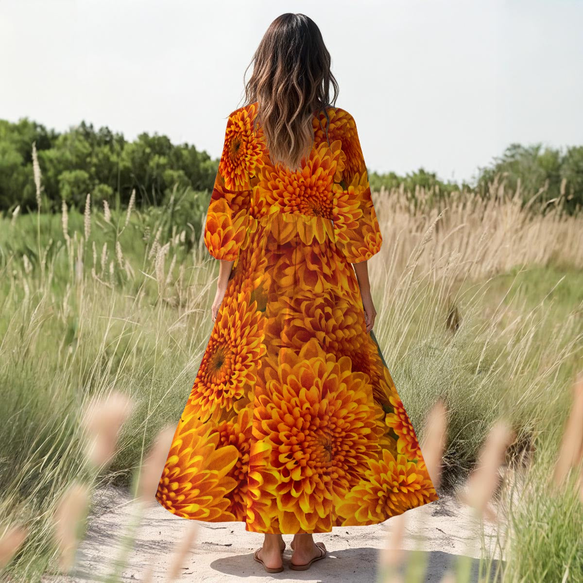 “Orange Chrysanthemum” Women's Long Sleeve Dress