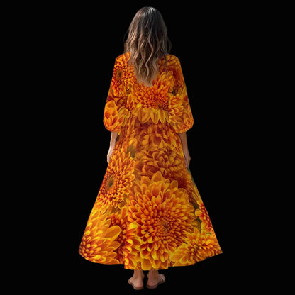 “Orange Chrysanthemum” Women's Long Sleeve Dress