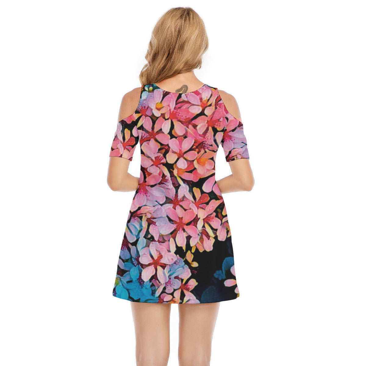 “Pink India Hawthorn” Women's Cold Shoulder Dress | 190GSM Cotton