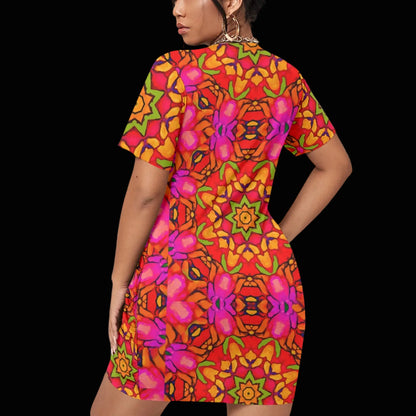 “Prismatic Petals” Women’s Stacked Hem Dress With Short Sleeve（Plus Size）
