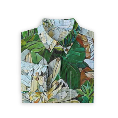 “White Floral Medley” Men's Casual Lapel Long Sleeve Shirt|125GSM Cotton