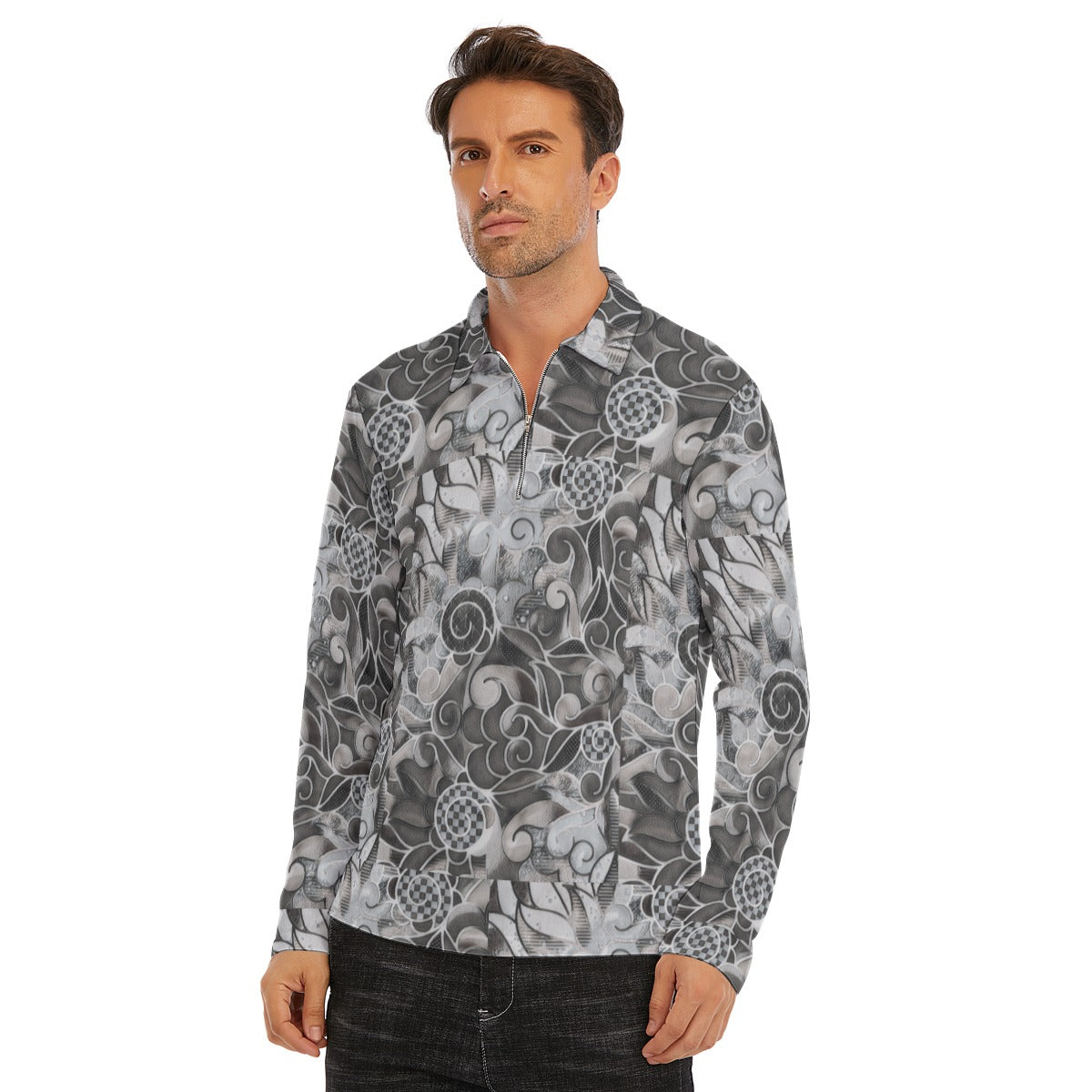 “Verdant Tapestry- Grey” Men's Lapel T-shirt With Neckline Zipper Closure