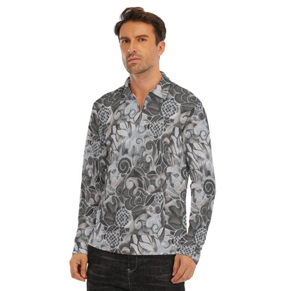 “Verdant Tapestry- Grey” Men's Lapel T-shirt With Neckline Zipper Closure