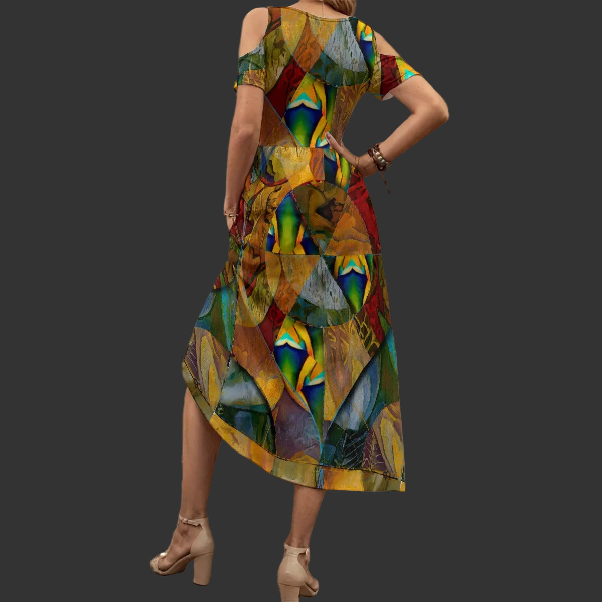 “Earthen Tessellation”  Women's V-neck Off-shoulder Dress