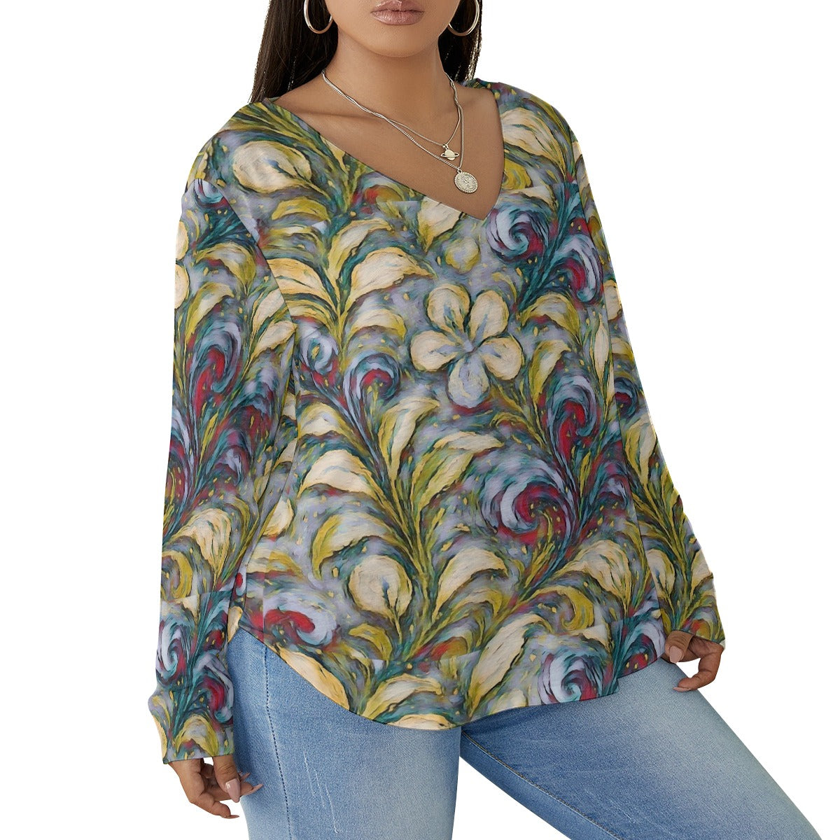 “Whispers of Spring” Women's V-neck T-shirt With Curved Hem(Plus Size)