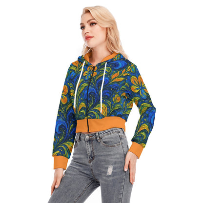 “Starry Night Blooms” Women's Crop Top Hoodie With Zipper Closure