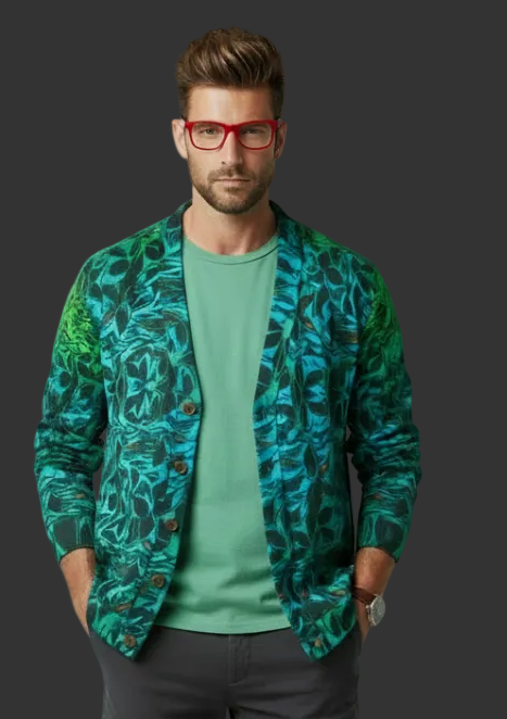 “Tribal Oceanic” Unisex V-neck Knitted Fleece Cardigan With Button Closure